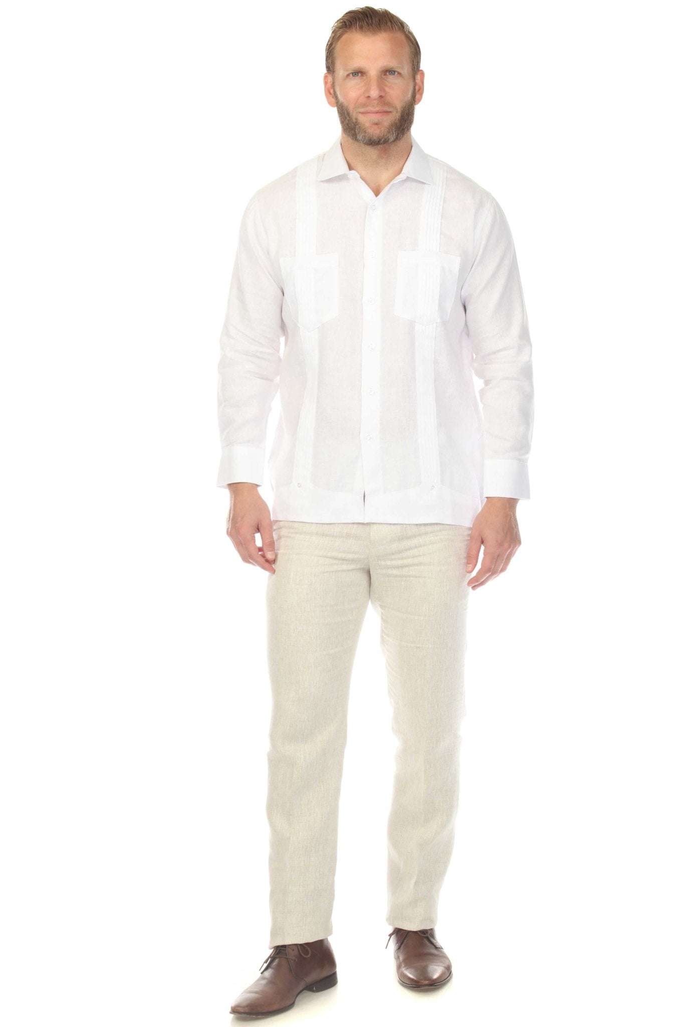 Bohio Men's 100% Linen Guayabera Shirt – White Traditional Cuban Shirt With 4 Pockets