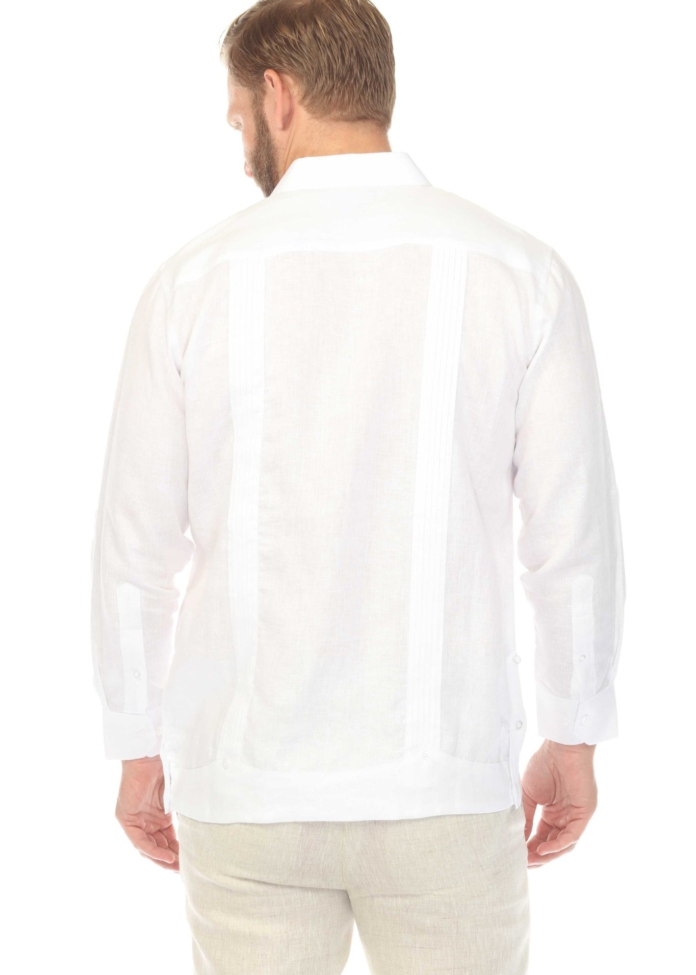 Back view of a man wearing the white Men’s Premium Linen Guayabera Shirt with tuxedo-inspired pleats.