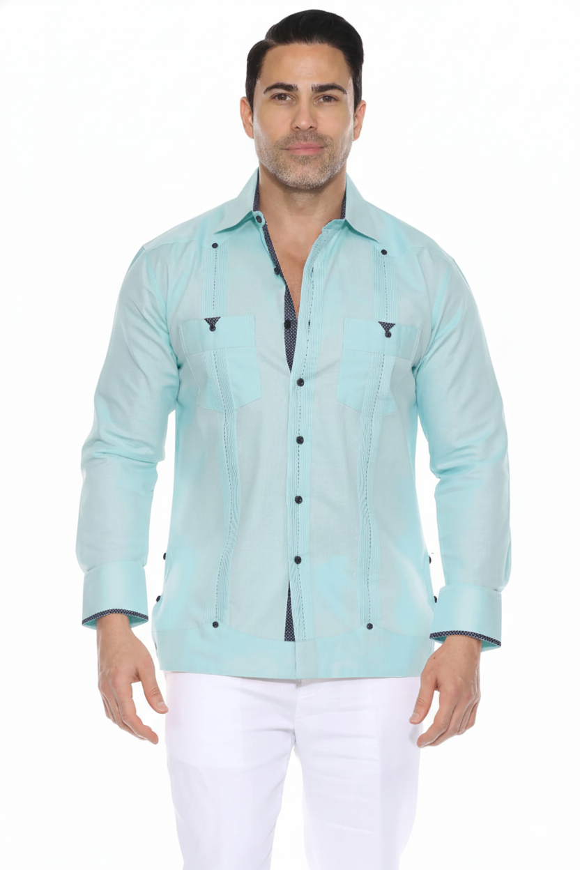 Men's 100% Linen Guayabera Shirt Long Sleeve with Print Trim Accent