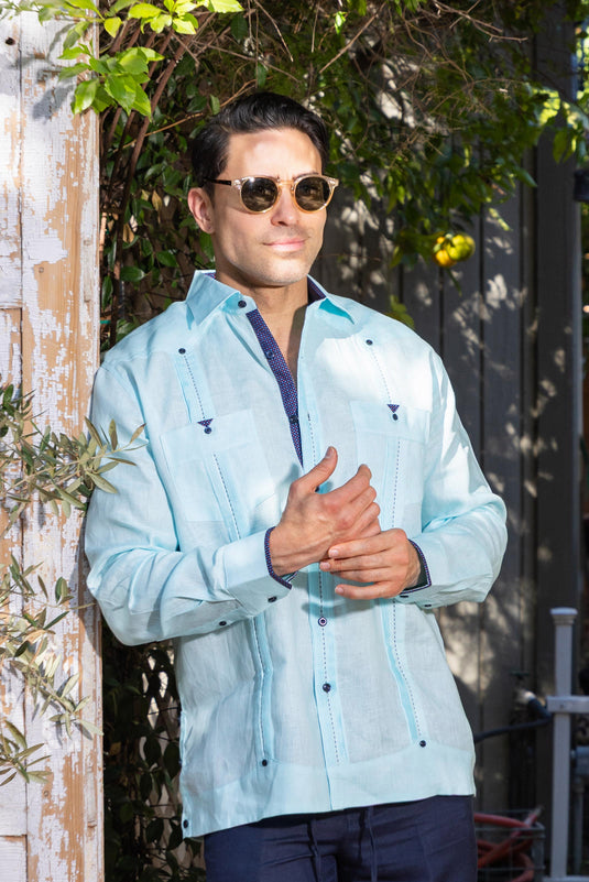 Men's 100% Linen Guayabera Shirt Long Sleeve with Print Trim Accent