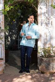 Men's 100% Linen Guayabera Shirt Long Sleeve with Print Trim Accent