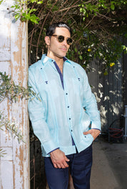 Men's 100% Linen Guayabera Shirt Long Sleeve with Print Trim Accent