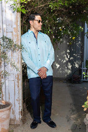 Men's 100% Linen Guayabera Shirt Long Sleeve with Print Trim Accent