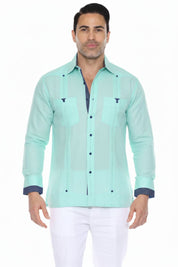 Men's 100% Linen Guayabera Shirt Long Sleeve with Print Trim Accent