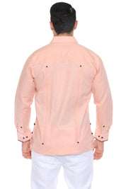 Back view of the peach Men's Long Sleeve Linen Guayabera Shirt showing the traditional pleated panels and tailored fit for modern occasions.