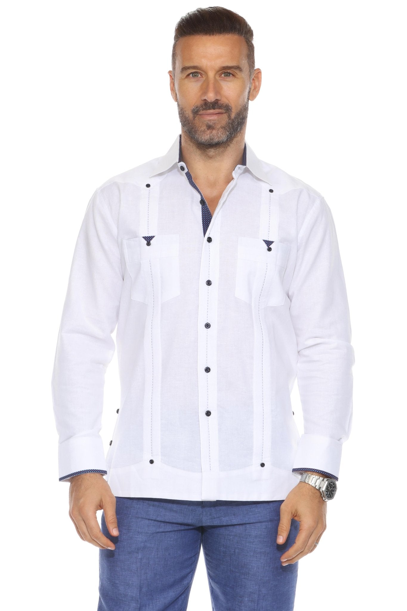 Full studio front view of a white Men’s Long Sleeve Linen Guayabera Shirt with blue printed trim, made from breathable 100% linen.