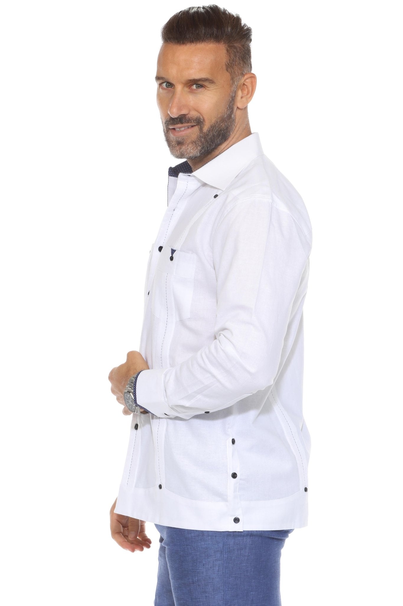 Side profile of the white Men's Long Sleeve Linen Guayabera Shirt, highlighting the tailored fit and lightweight linen construction.