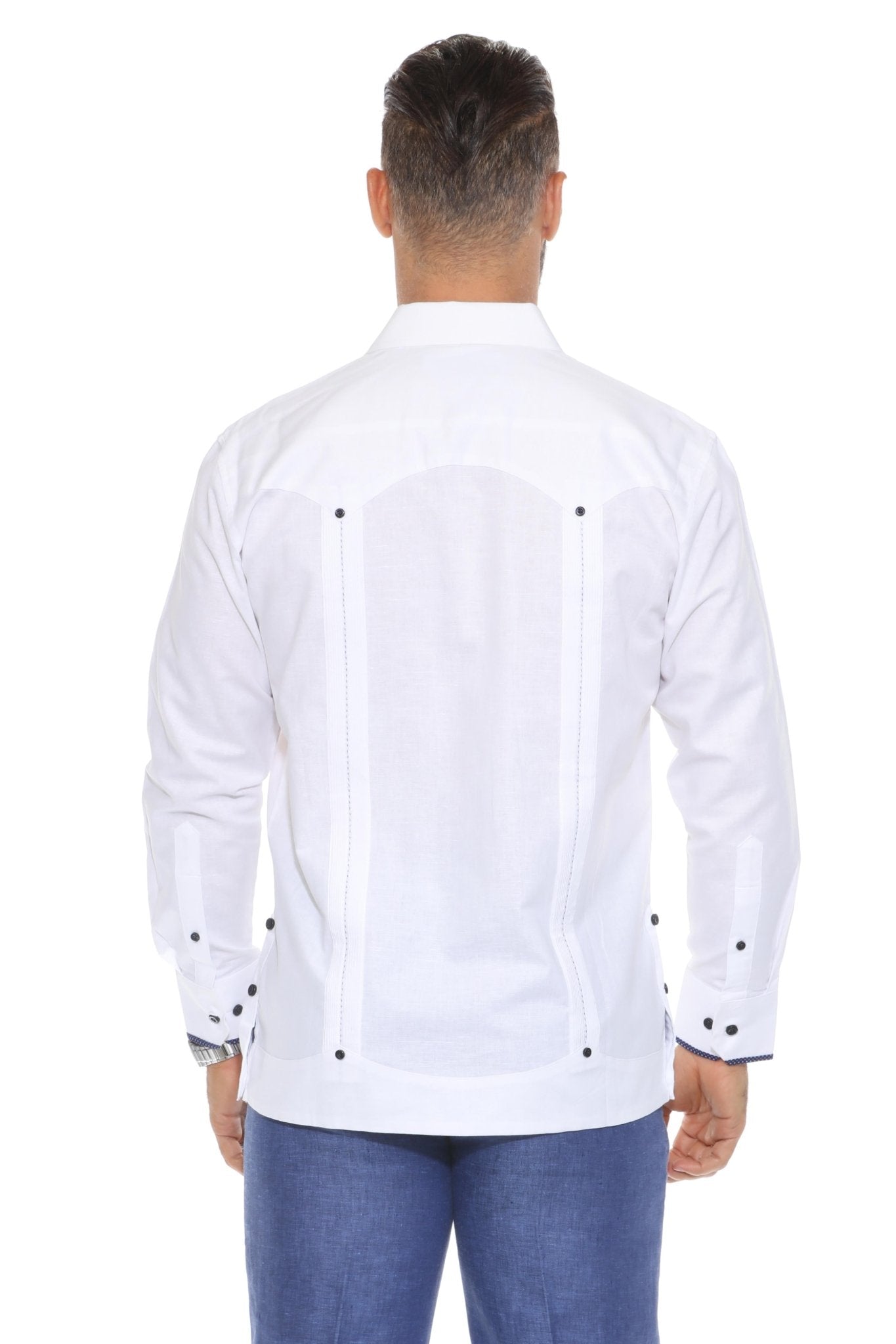 Back view of the white Men’s Long Sleeve Linen Guayabera Shirt showcasing the traditional pleated front-to-back detailing.