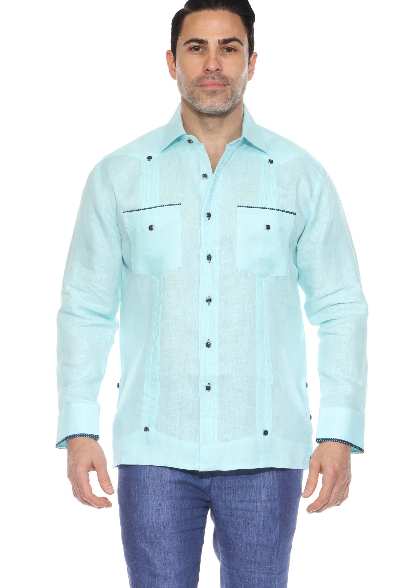 Pop-Color Trim Linen Guayabera Shirt Long Sleeve