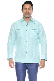 Pop-Color Trim Linen Guayabera Shirt Long Sleeve