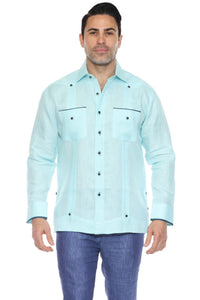 Guayabera 100% Lino con Ribete de Lunares Manga Larga - AQUA / S