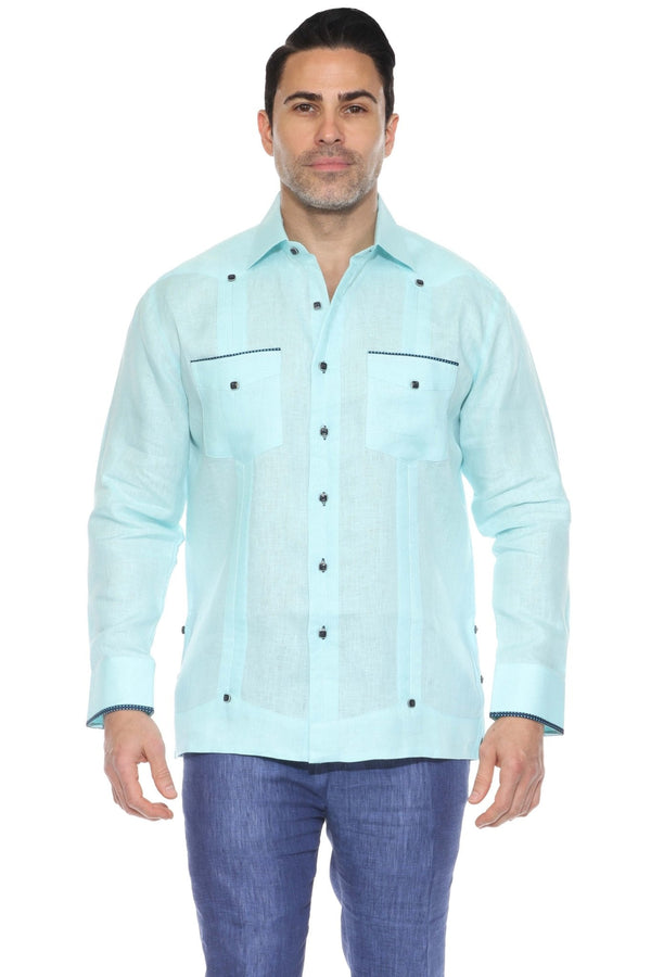 Aqua polka dot trim 100% linen guayabera long sleeve, front view on model