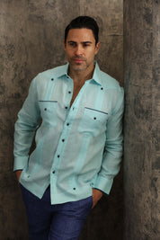 Mojito Men's 100% Linen Guayabera Chacabana Shirt Long Sleeve with Pop-Color Pocket Trim