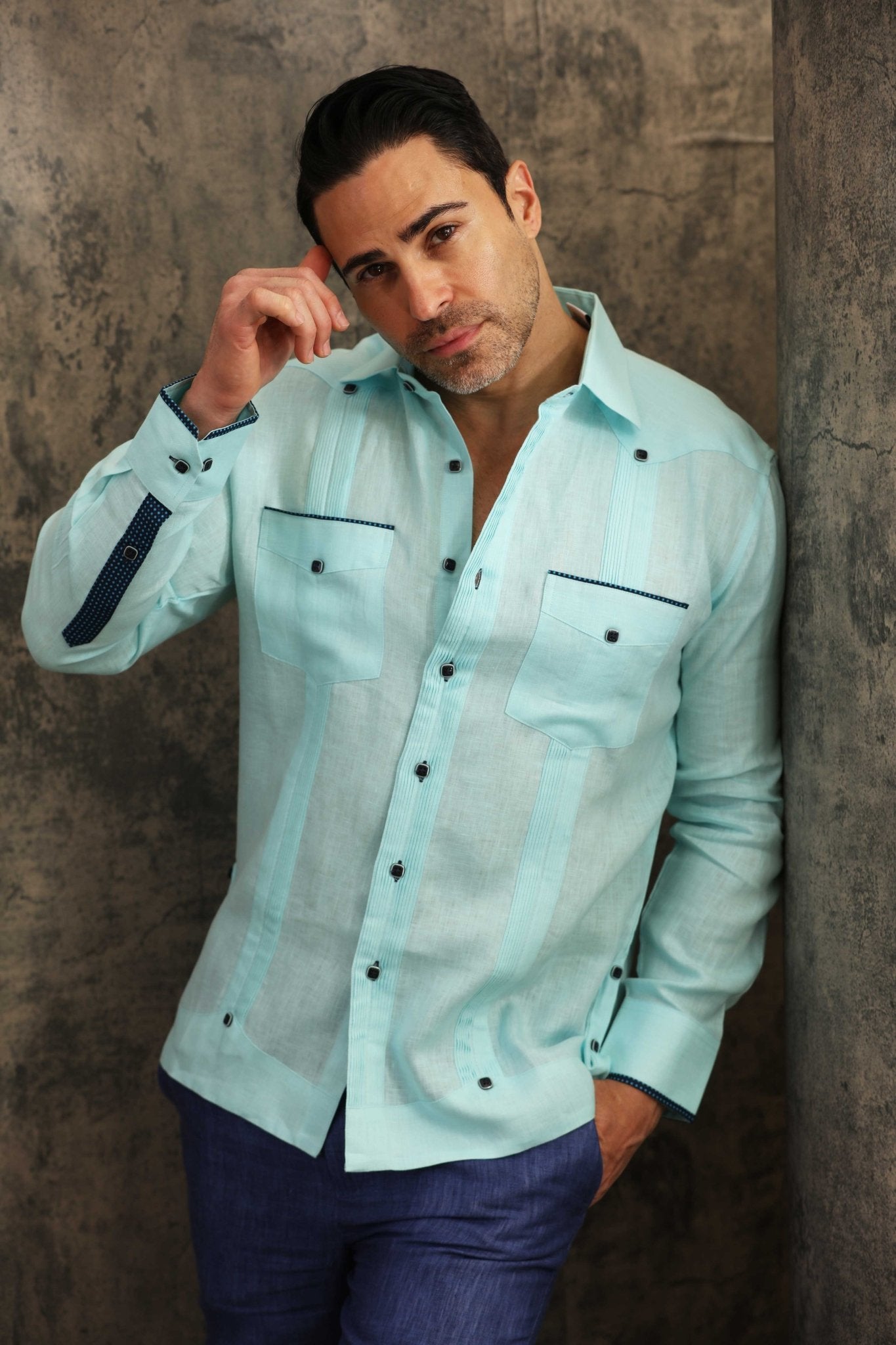 Pop-Color Trim Linen Guayabera Shirt Long Sleeve