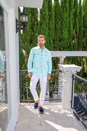 Mojito Men's 100% Linen Guayabera Chacabana Shirt Long Sleeve with Pop-Color Pocket Trim
