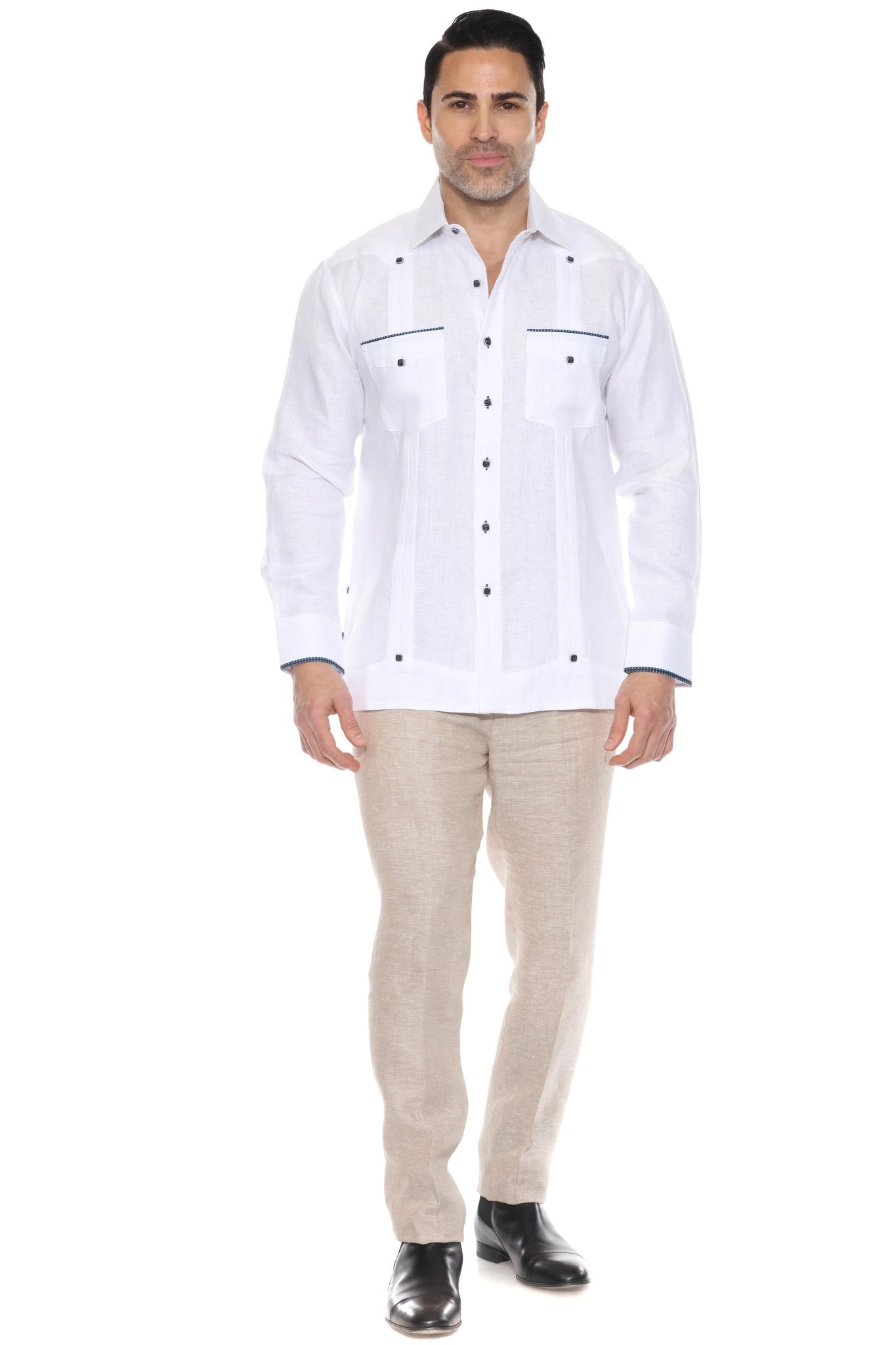 Pop-Color Trim Linen Guayabera Shirt Long Sleeve