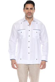 Front view of a man wearing the white 100% Linen Contrast Panel Guayabera Shirt Long Sleeve with dark buttons and trim.