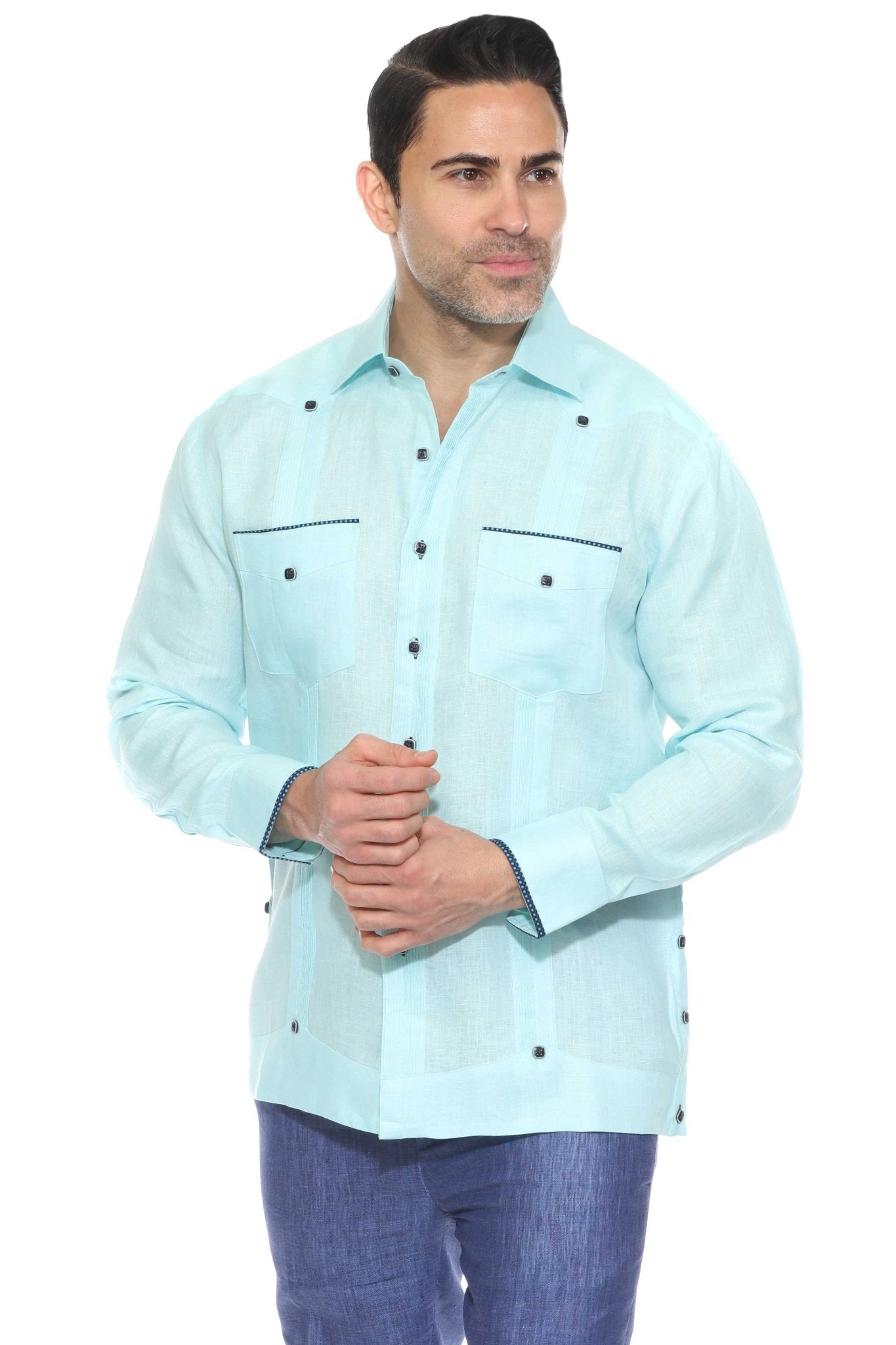 Pop-Color Trim Linen Guayabera Shirt Long Sleeve