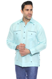 Pop-Color Trim Linen Guayabera Shirt Long Sleeve