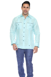 Pop-Color Trim Linen Guayabera Shirt Long Sleeve
