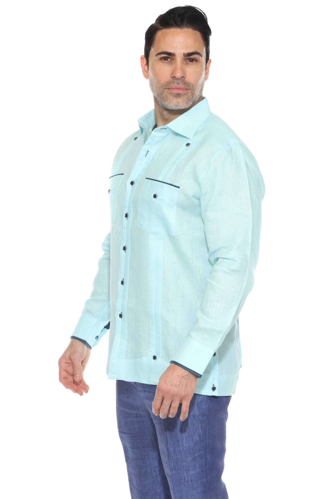 Pop-Color Trim Linen Guayabera Shirt Long Sleeve