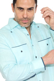 Pop-Color Trim Linen Guayabera Shirt Long Sleeve