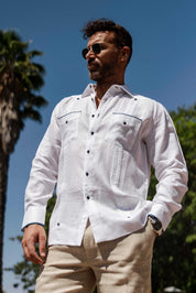 Pop-Color Trim Linen Guayabera Shirt Long Sleeve