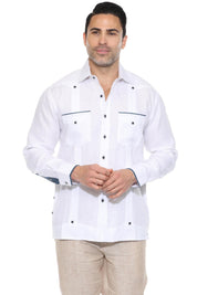 Pop-Color Trim Linen Guayabera Shirt Long Sleeve