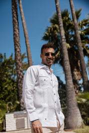 Mojito Men's 100% Linen Guayabera Chacabana Shirt Long Sleeve with Pop-Color Pocket Trim