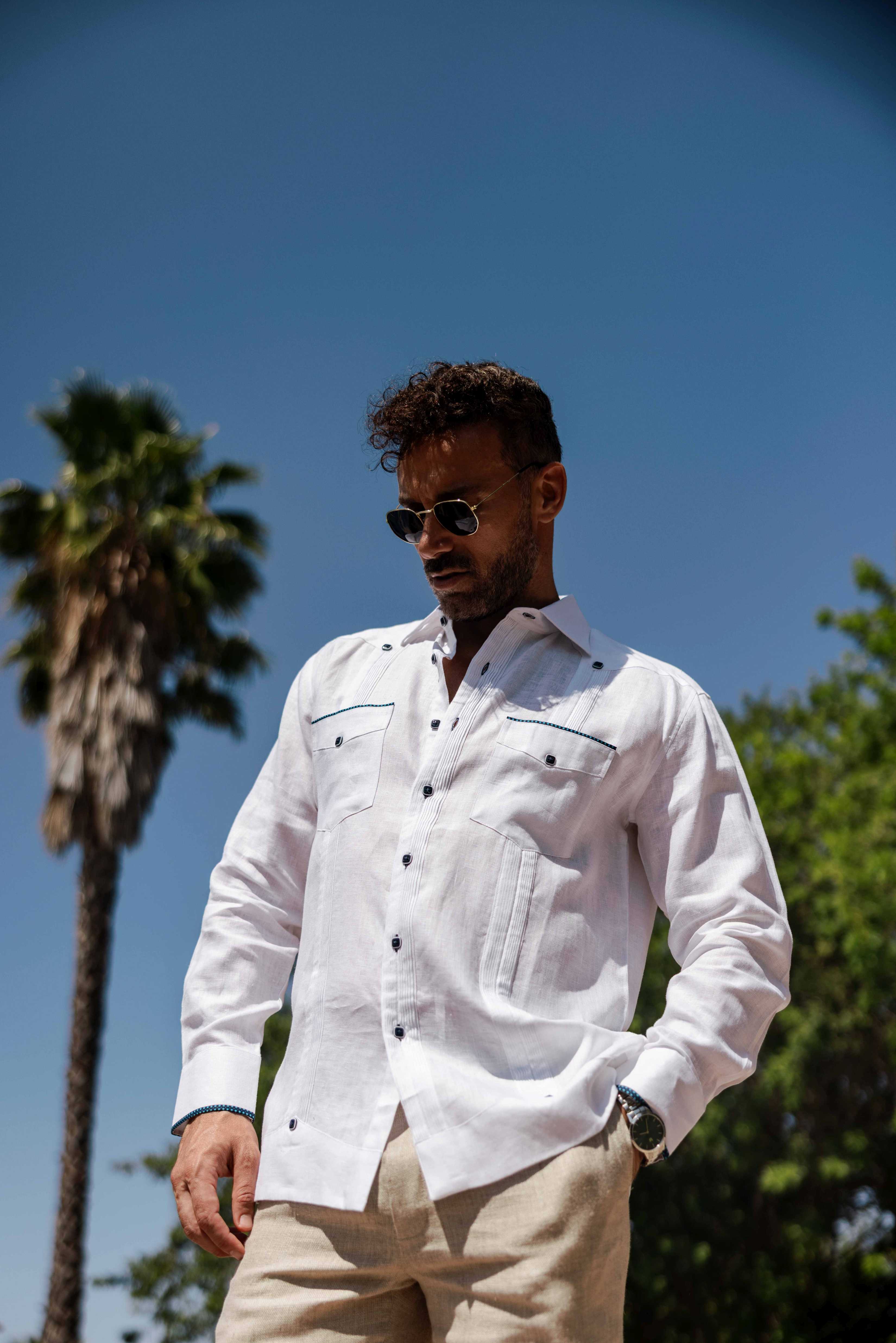 Mojito Men's 100% Linen Guayabera Chacabana Shirt Long Sleeve with Pop-Color Pocket Trim