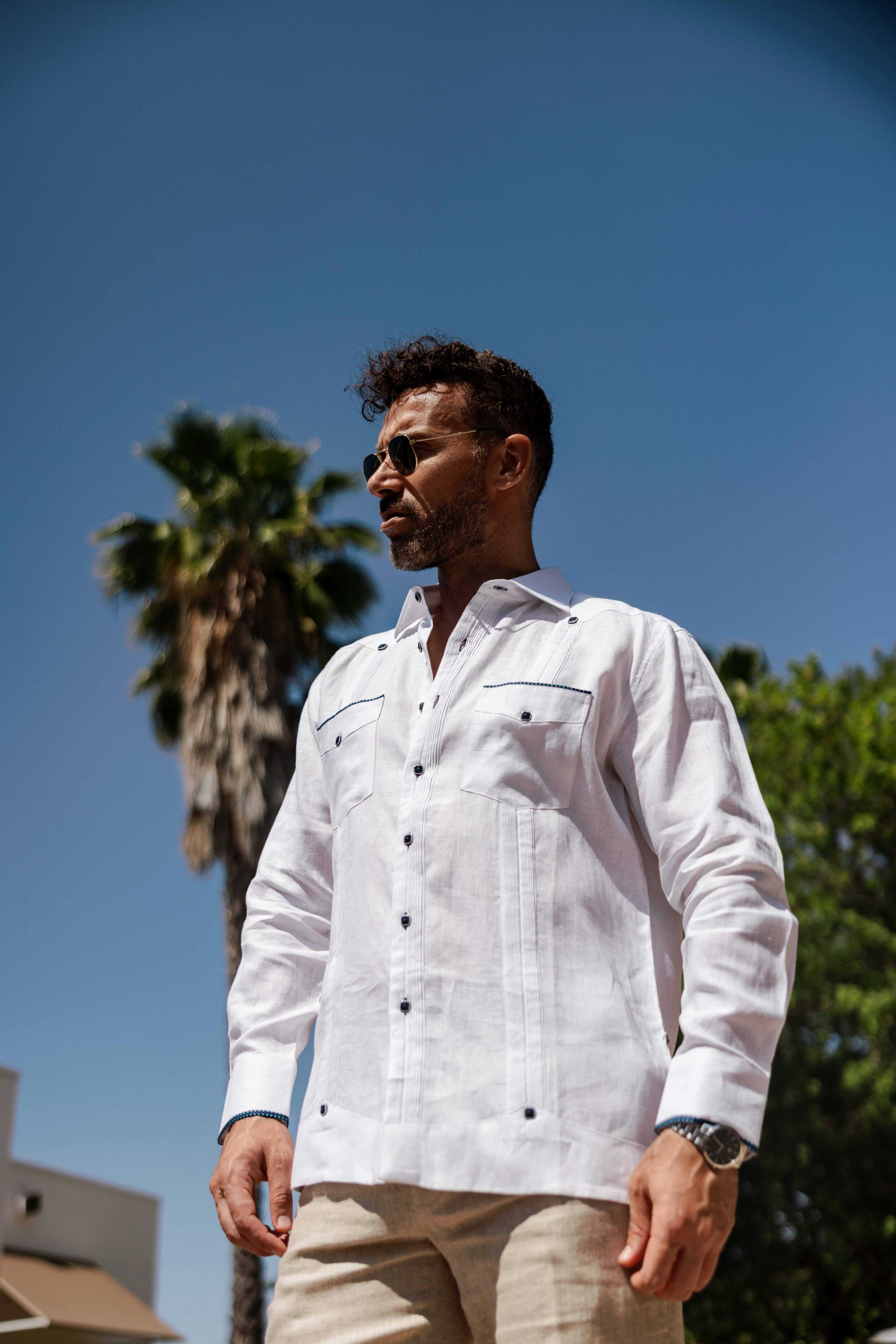 Mojito Men's 100% Linen Guayabera Chacabana Shirt Long Sleeve with Pop-Color Pocket Trim
