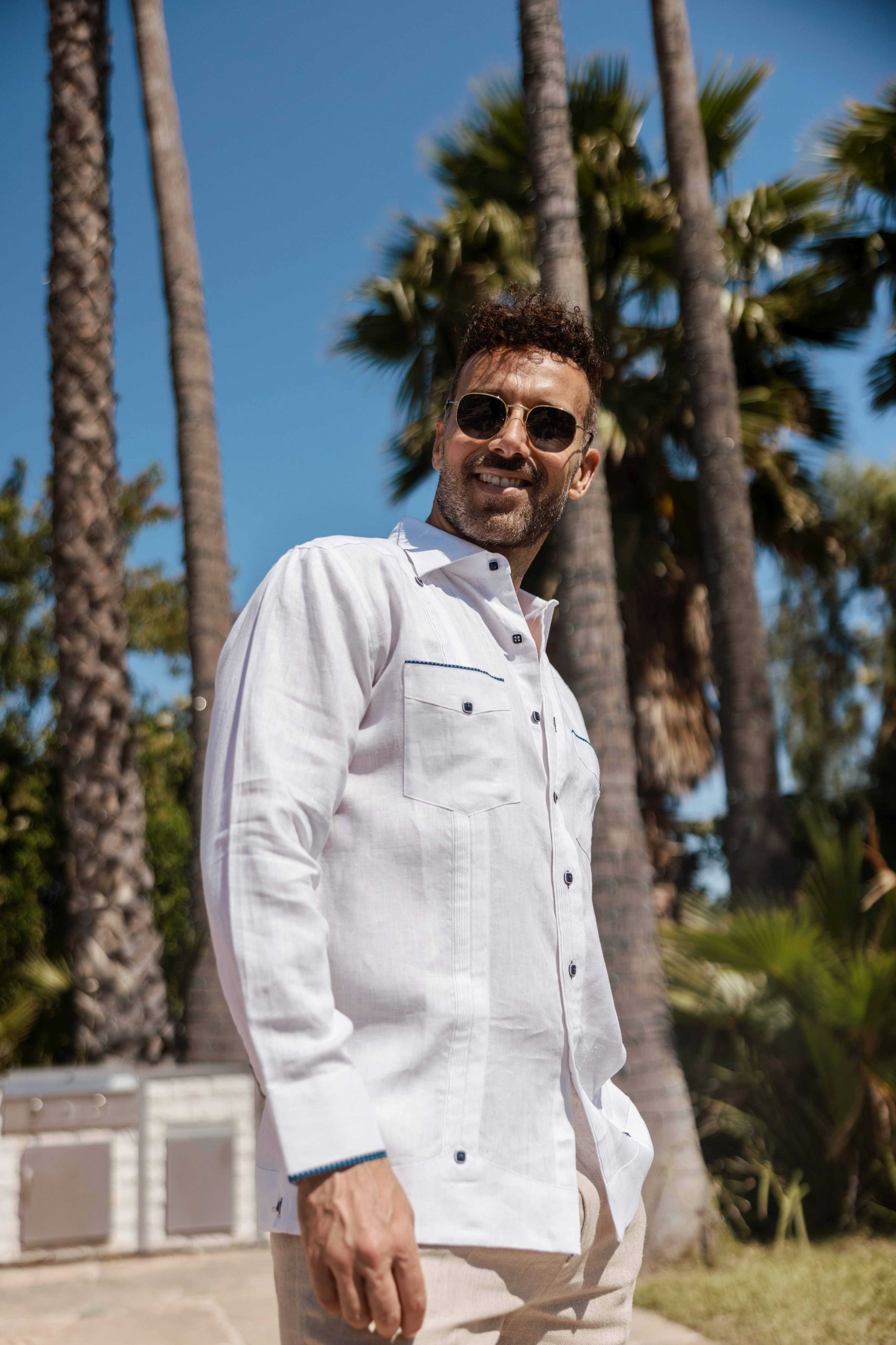 Mojito Men's 100% Linen Guayabera Chacabana Shirt Long Sleeve with Pop-Color Pocket Trim