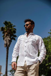 Mojito Men's 100% Linen Guayabera Chacabana Shirt Long Sleeve with Pop-Color Pocket Trim