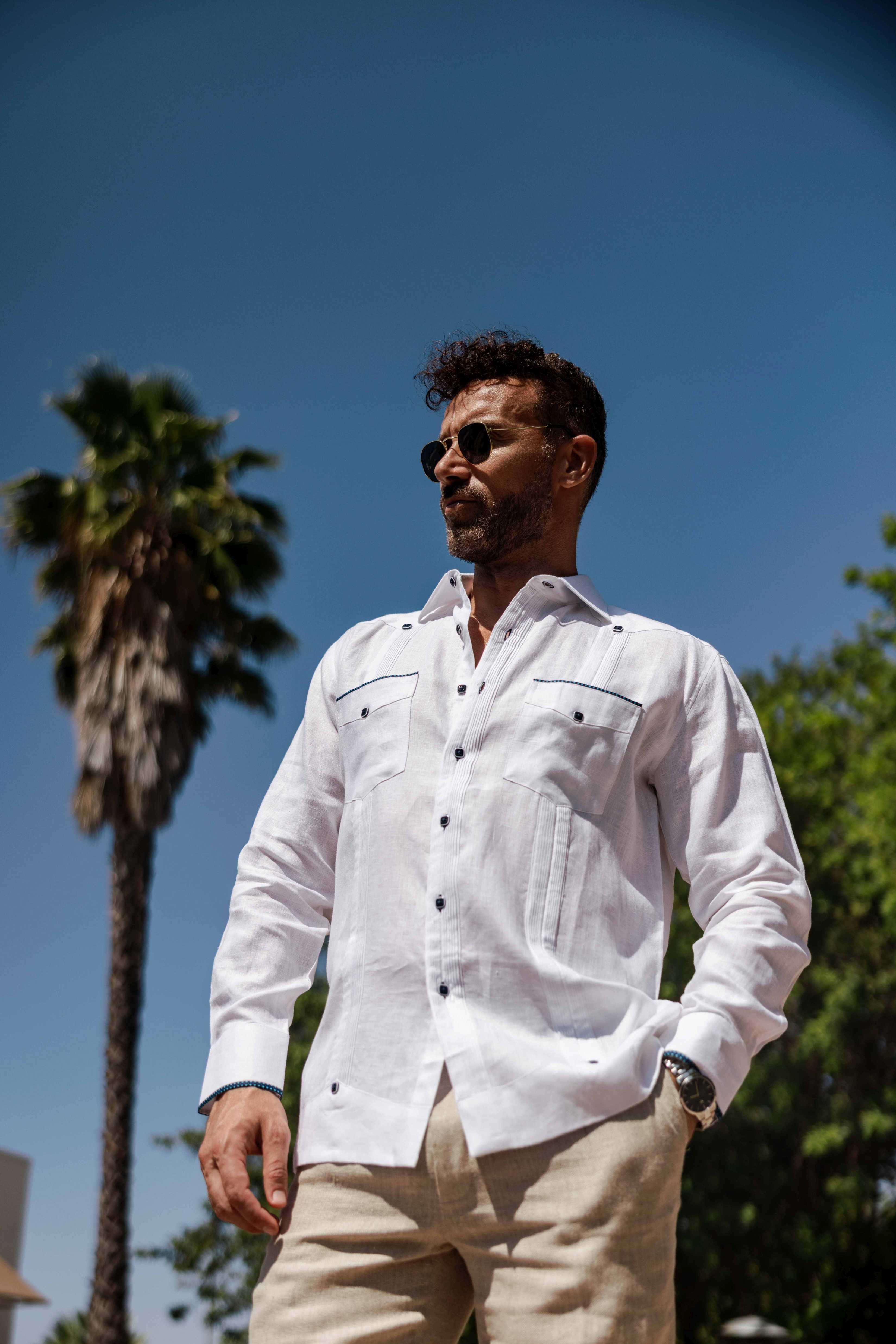 Mojito Men's 100% Linen Guayabera Chacabana Shirt Long Sleeve with Pop-Color Pocket Trim