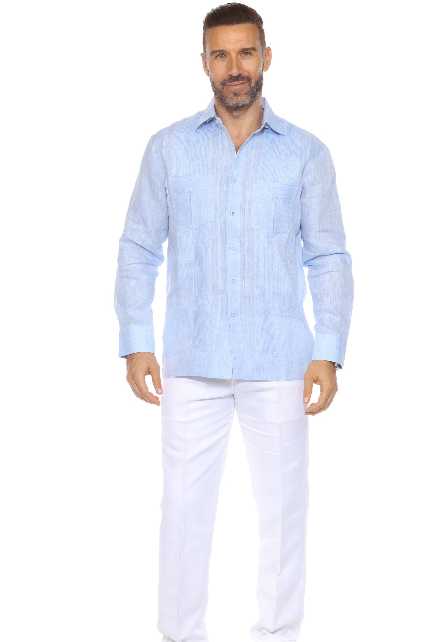 Men's 100% Linen Two Pocket Guayabera Shirt with Multi Pleating