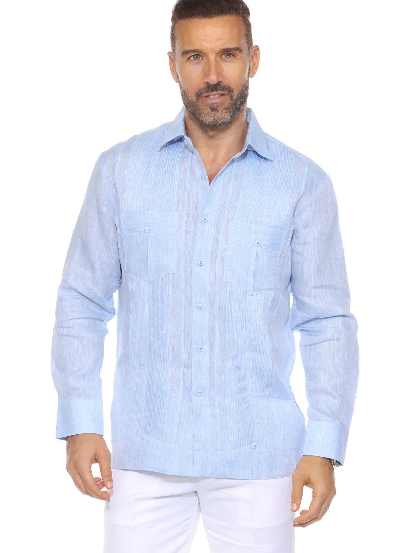 Men's 100% Linen Two Pocket Guayabera Shirt with Multi Pleating