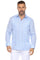 Front view of a man modeling the light blue Yarn Dyed Linen Guayabera with two pockets.