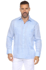 Guayabera de lino teñida en hilo de manga larga con dos bolsillos y múltiples pliegues