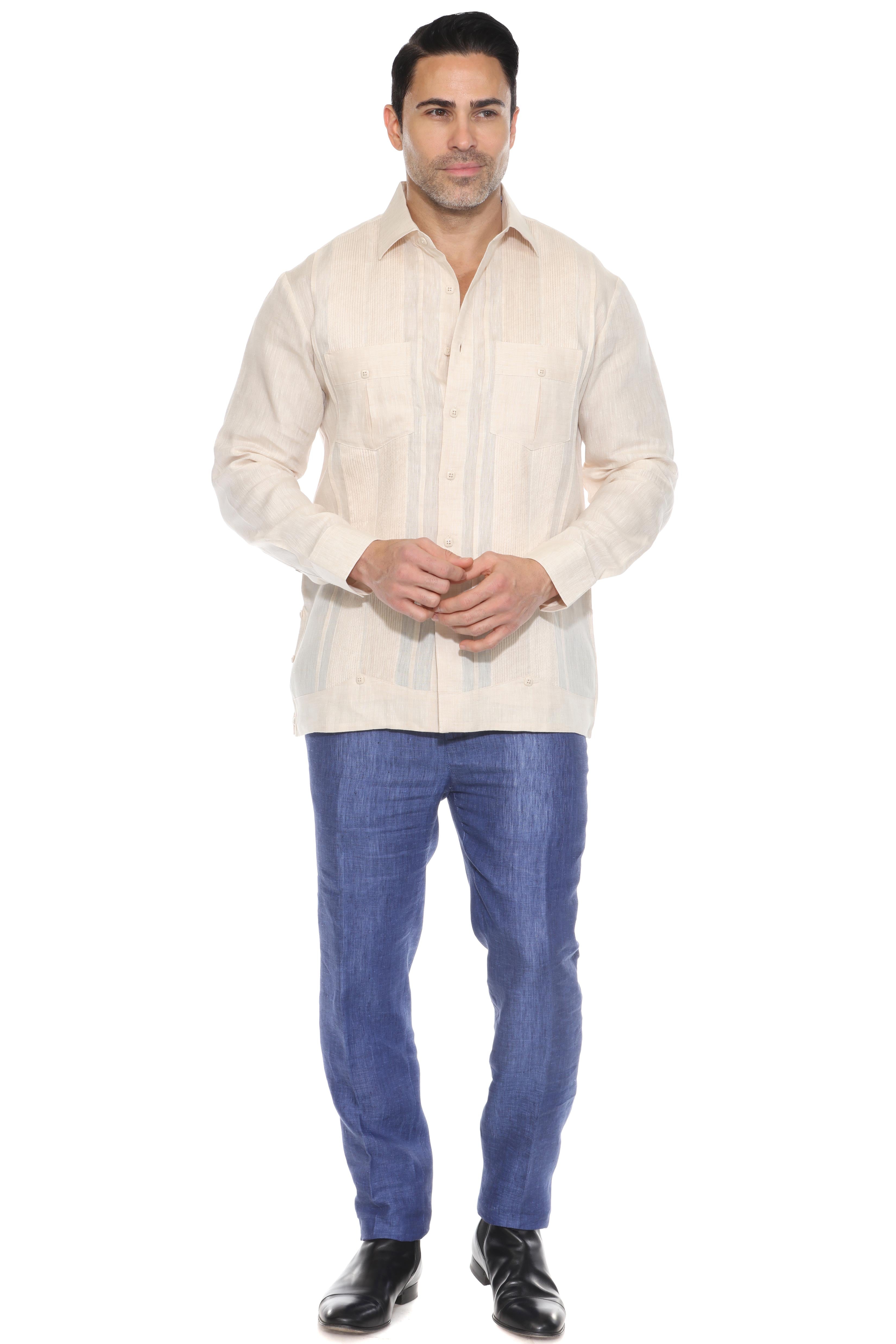 100% Linen Yarn Dyed Guayabera Chacabana Shirt Long Sleeve