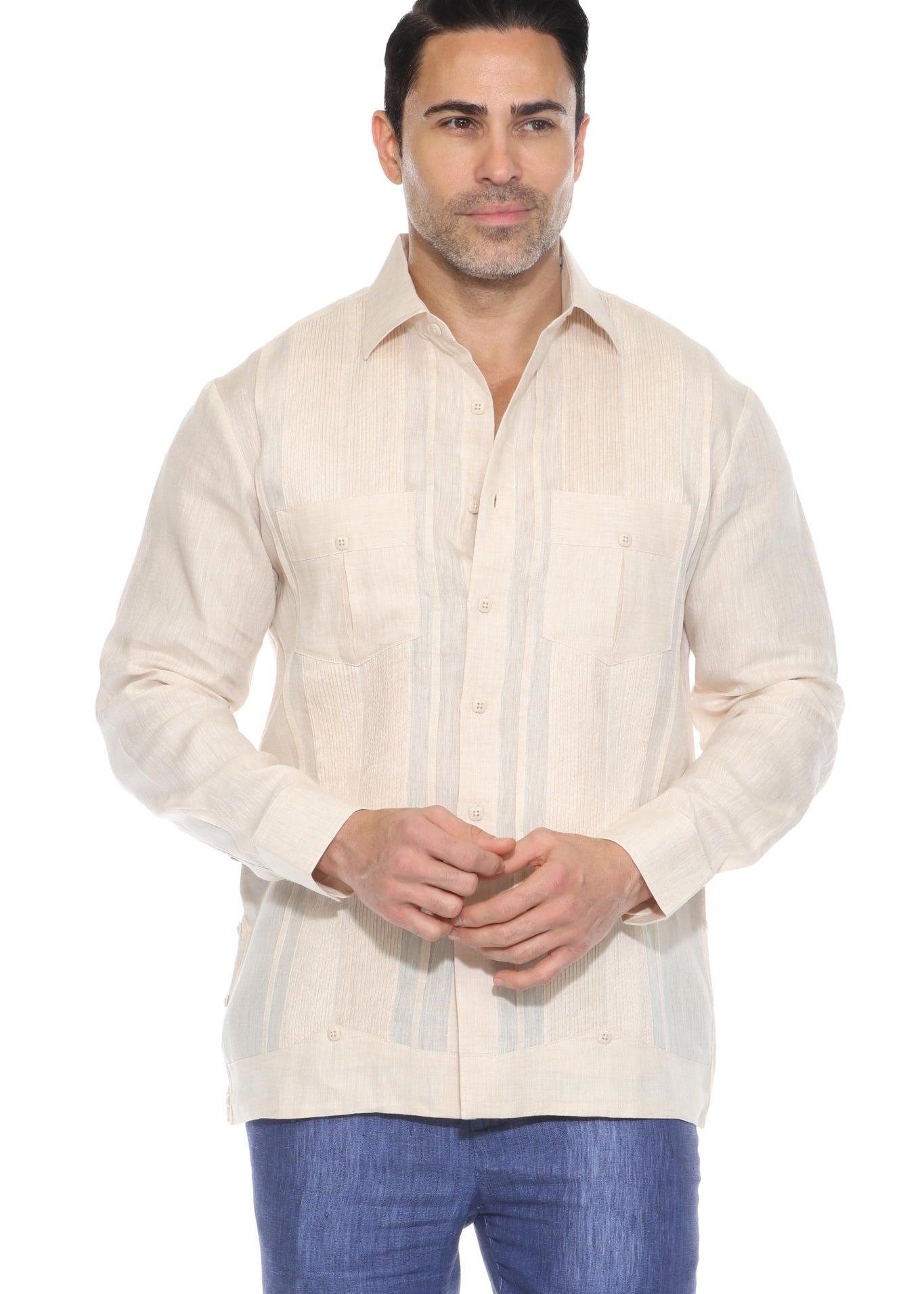 Men's 100% Linen Two Pocket Guayabera Shirt with Multi Pleating
