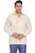 A man models the yarn dyed linen guayabera in cream, featuring two pockets and multi pleats.