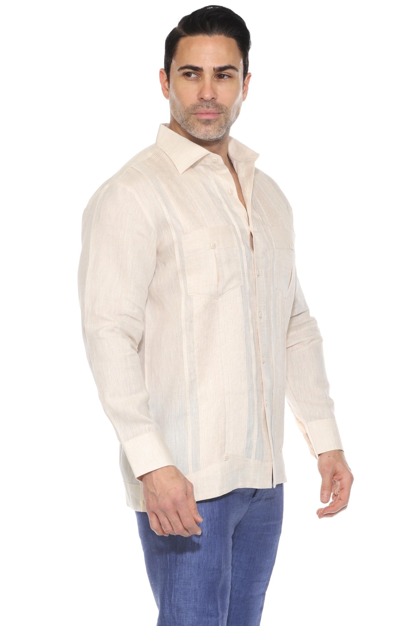 Men's 100% Linen Two Pocket Guayabera Shirt with Multi Pleating