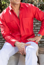 Men's 100% Linen Two Pocket Guayabera Shirt with Multi Pleating