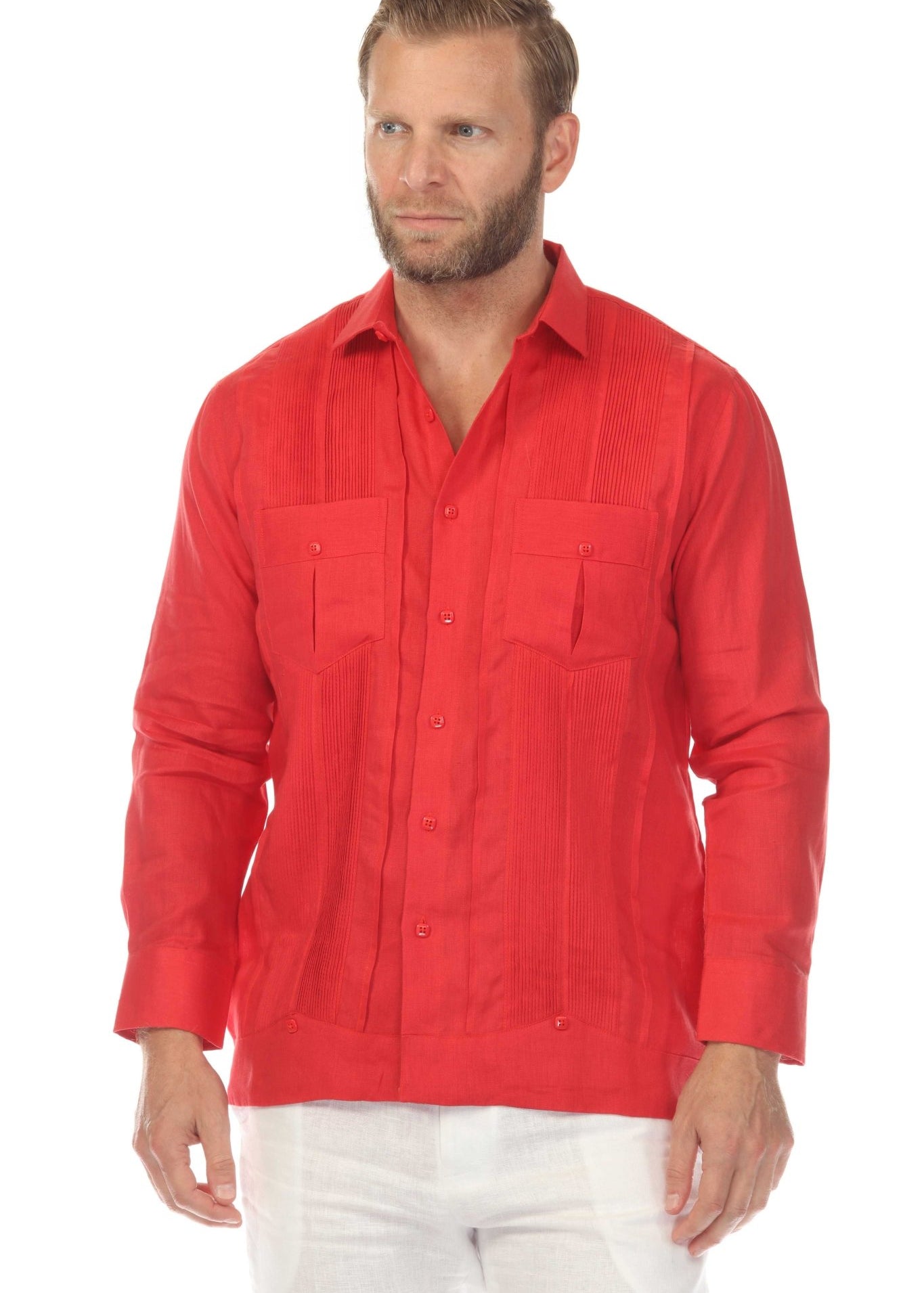 Men's 100% Linen Two Pocket Guayabera Shirt with Multi Pleating