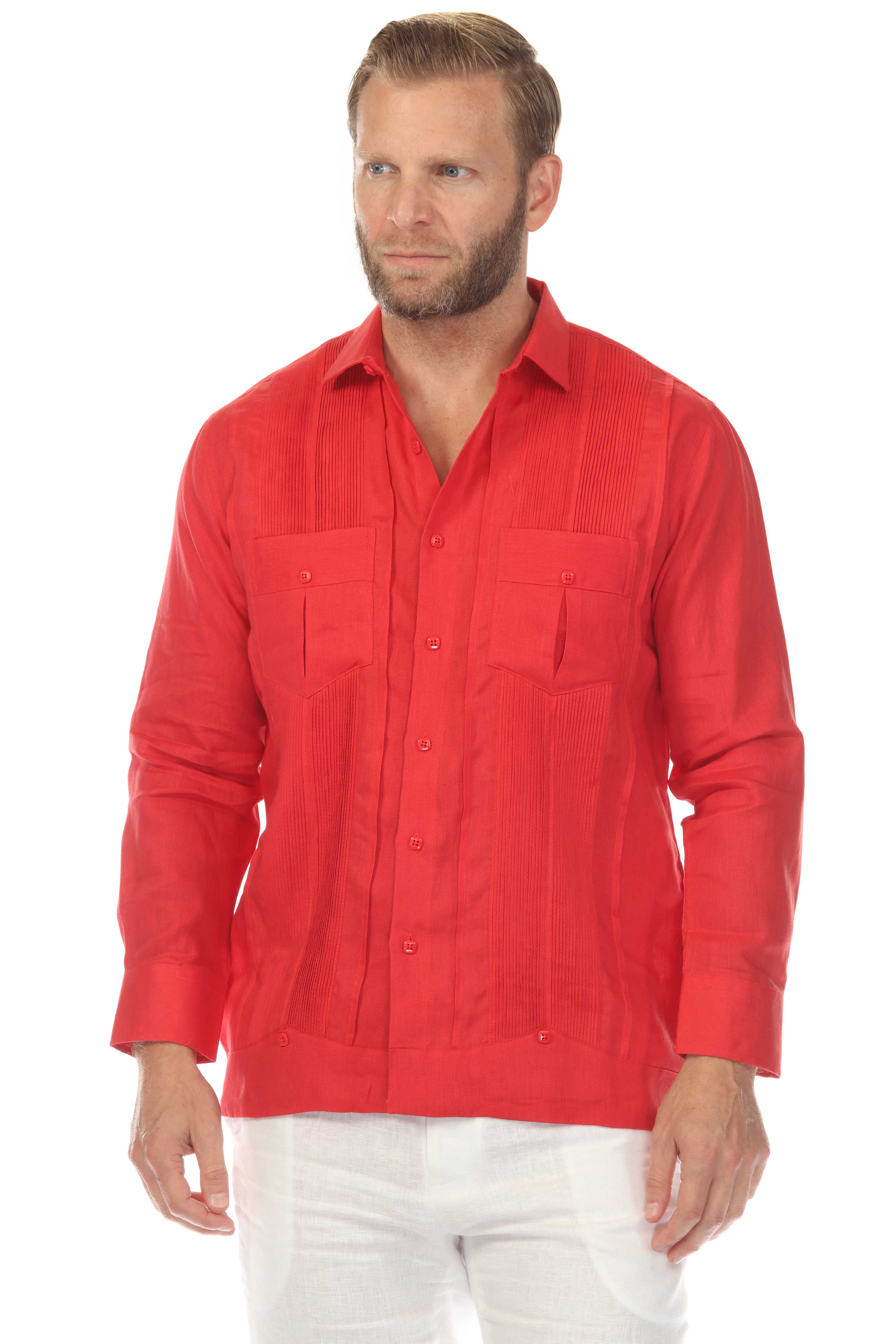 Men's 100% Linen Two Pocket Guayabera Shirt with Multi Pleating