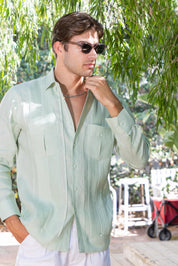 Men's 100% Linen Two Pocket Guayabera Shirt with Multi Pleating