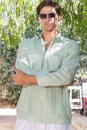 Men's 100% Linen Two Pocket Guayabera Shirt with Multi Pleating