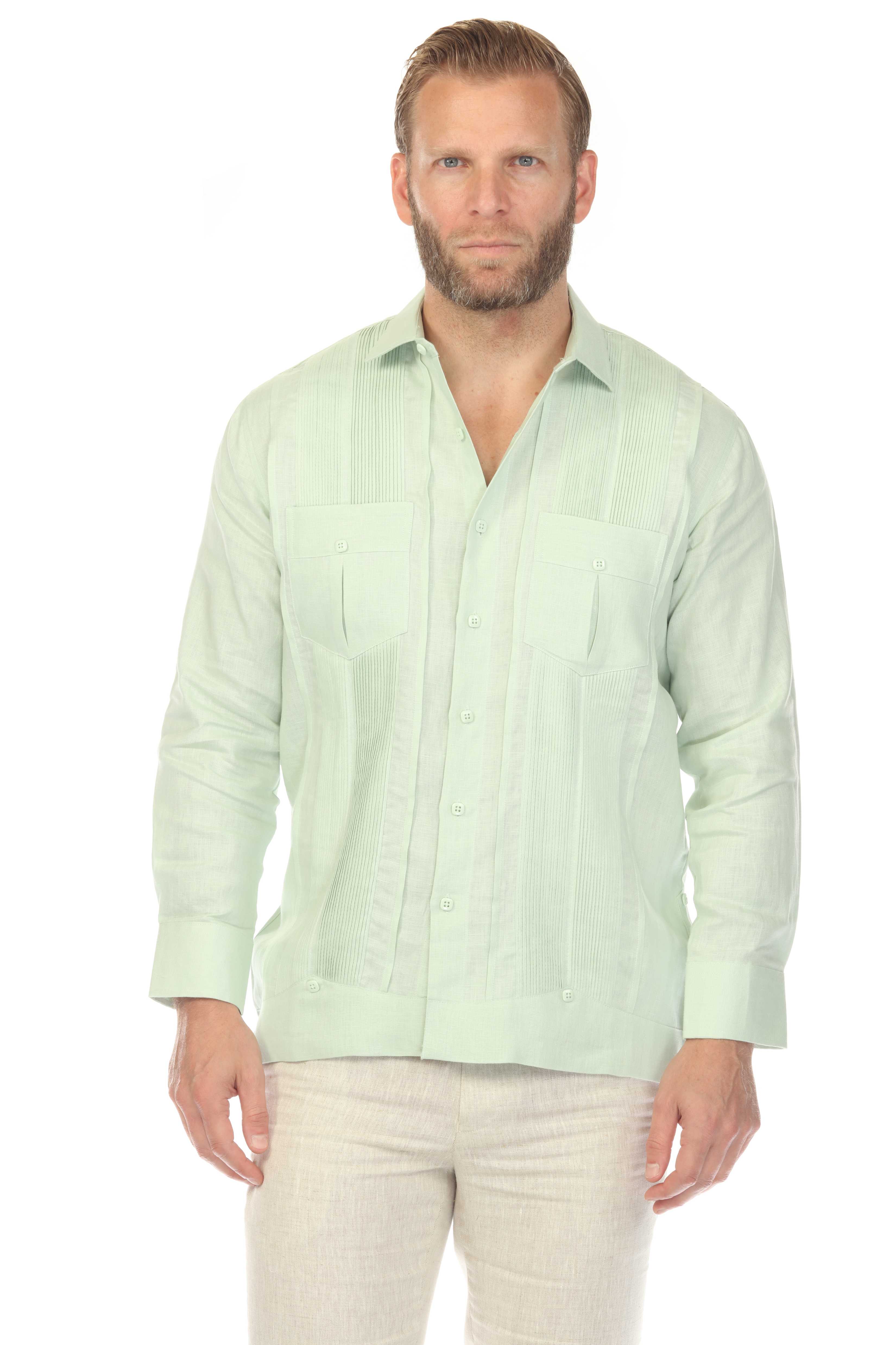 Men's 100% Linen Two Pocket Guayabera Shirt with Multi Pleating
