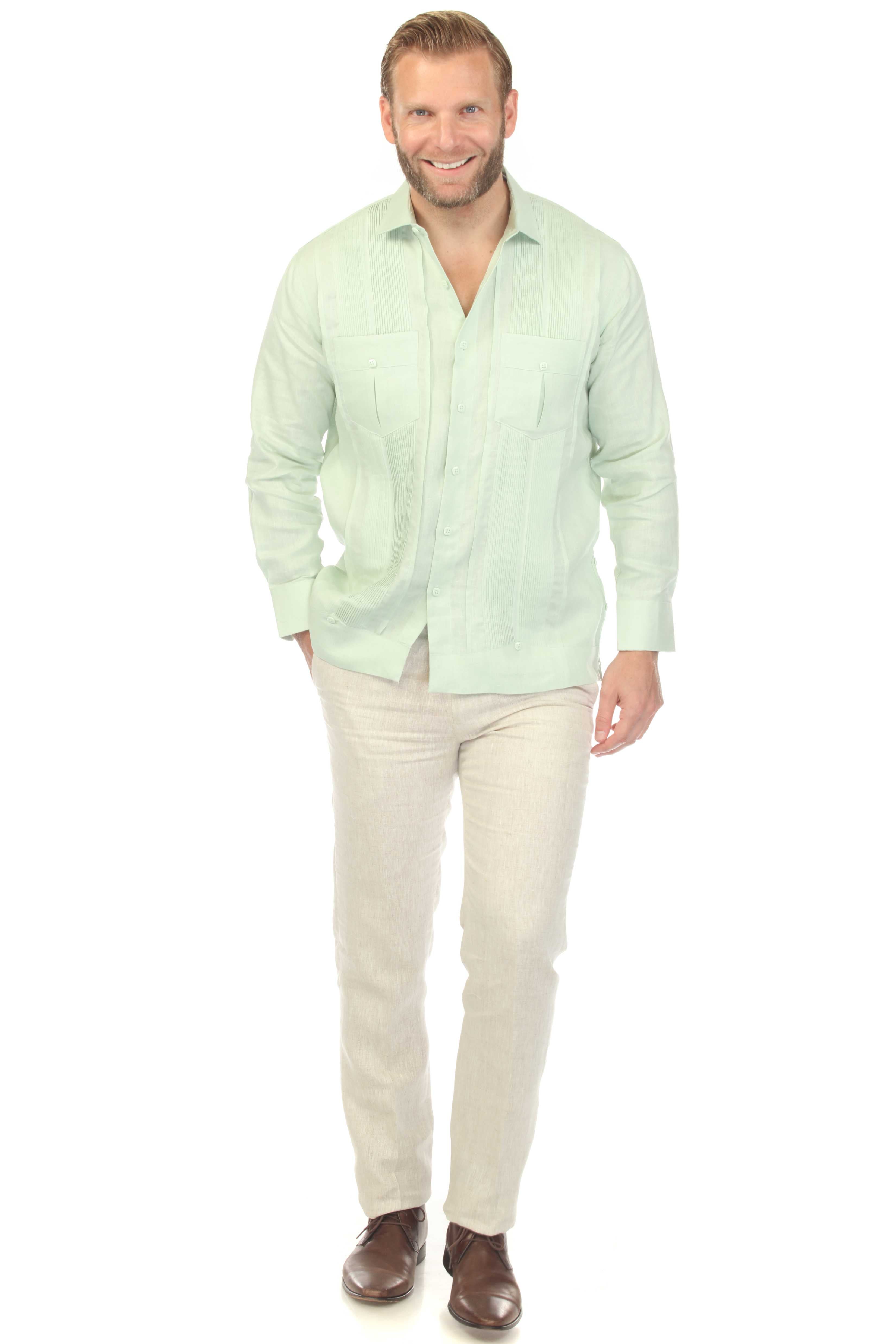 Men's 100% Linen Two Pocket Guayabera Shirt with Multi Pleating