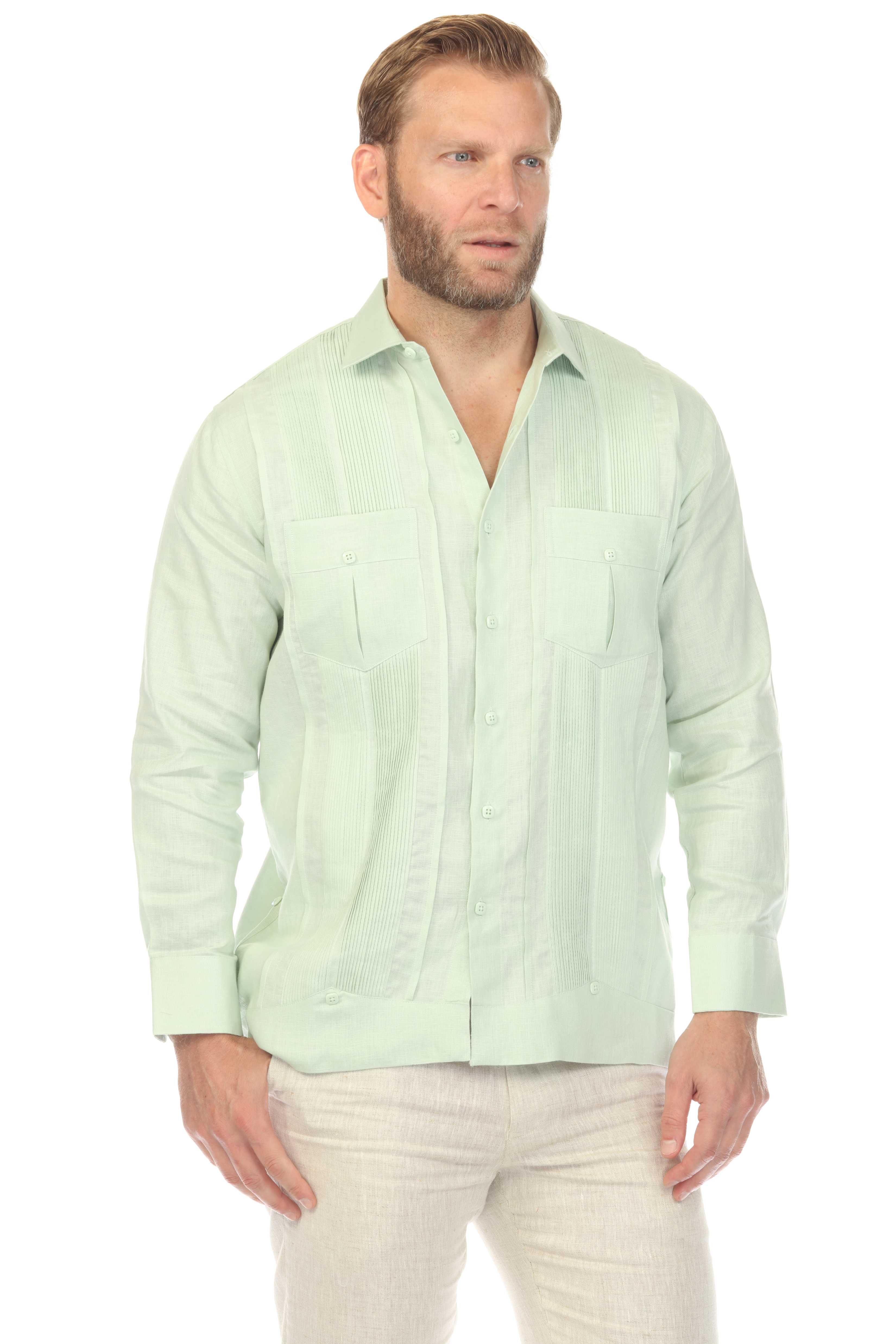 Men's 100% Linen Two Pocket Guayabera Shirt with Multi Pleating